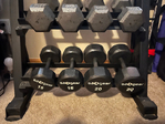 Adjustable workout bench and dumbells: sets of 8, 10, 12, 15, 20, 25, 30, 35, and 40lb.